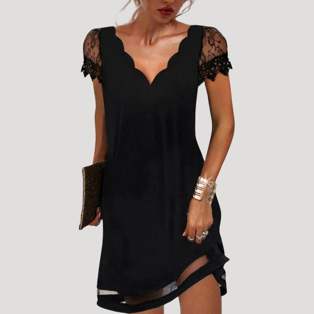 Women's black lace short sleeve mini dress