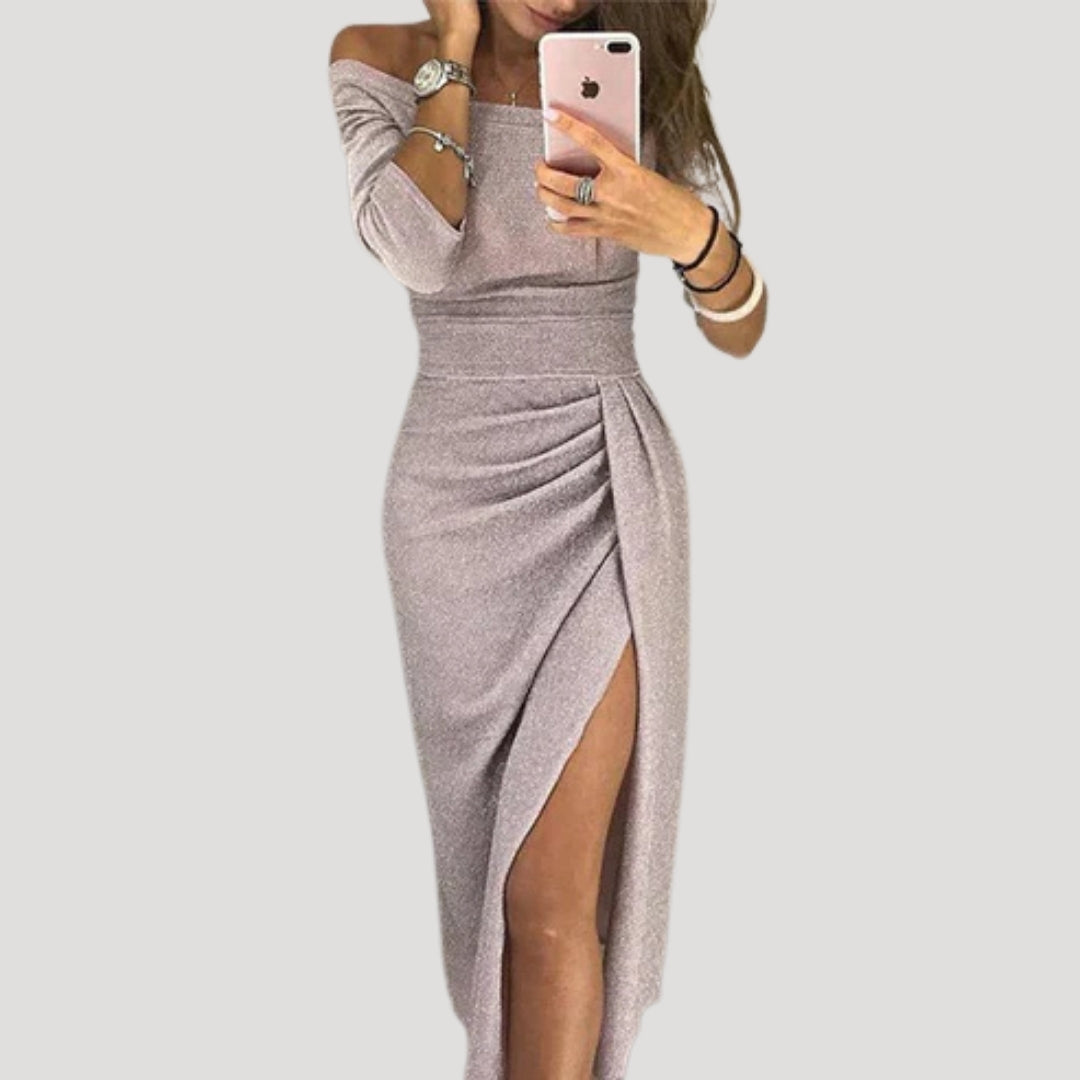 Women’s off shoulder midi wedding guest dress with slit