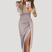 Women’s off shoulder midi wedding guest dress with slit