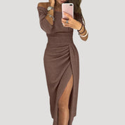 Women’s off shoulder midi wedding guest dress with slit