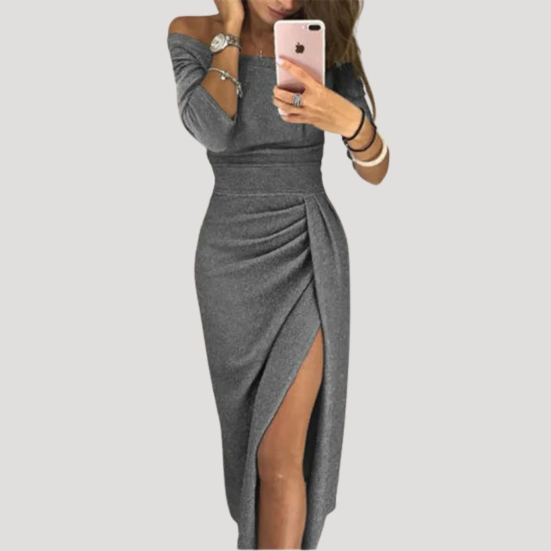 Women’s off shoulder midi wedding guest dress with slit