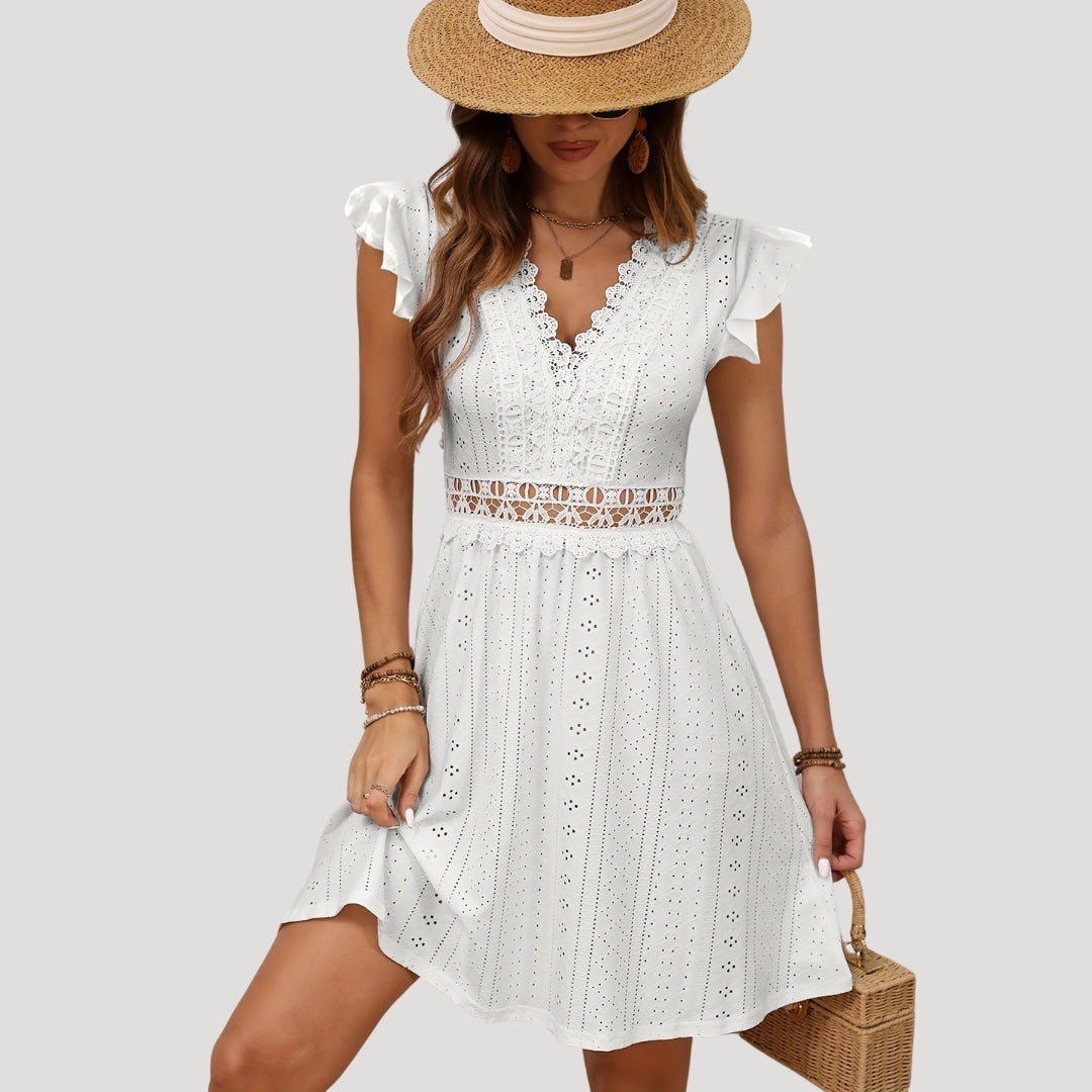 Women's white lace mini summer sundress with ruffle sleeves
