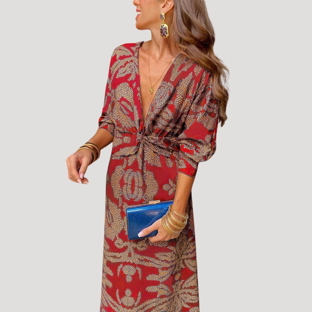 Women’s printed v neck midi wedding guest dress