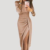 Women’s off shoulder midi wedding guest dress with slit