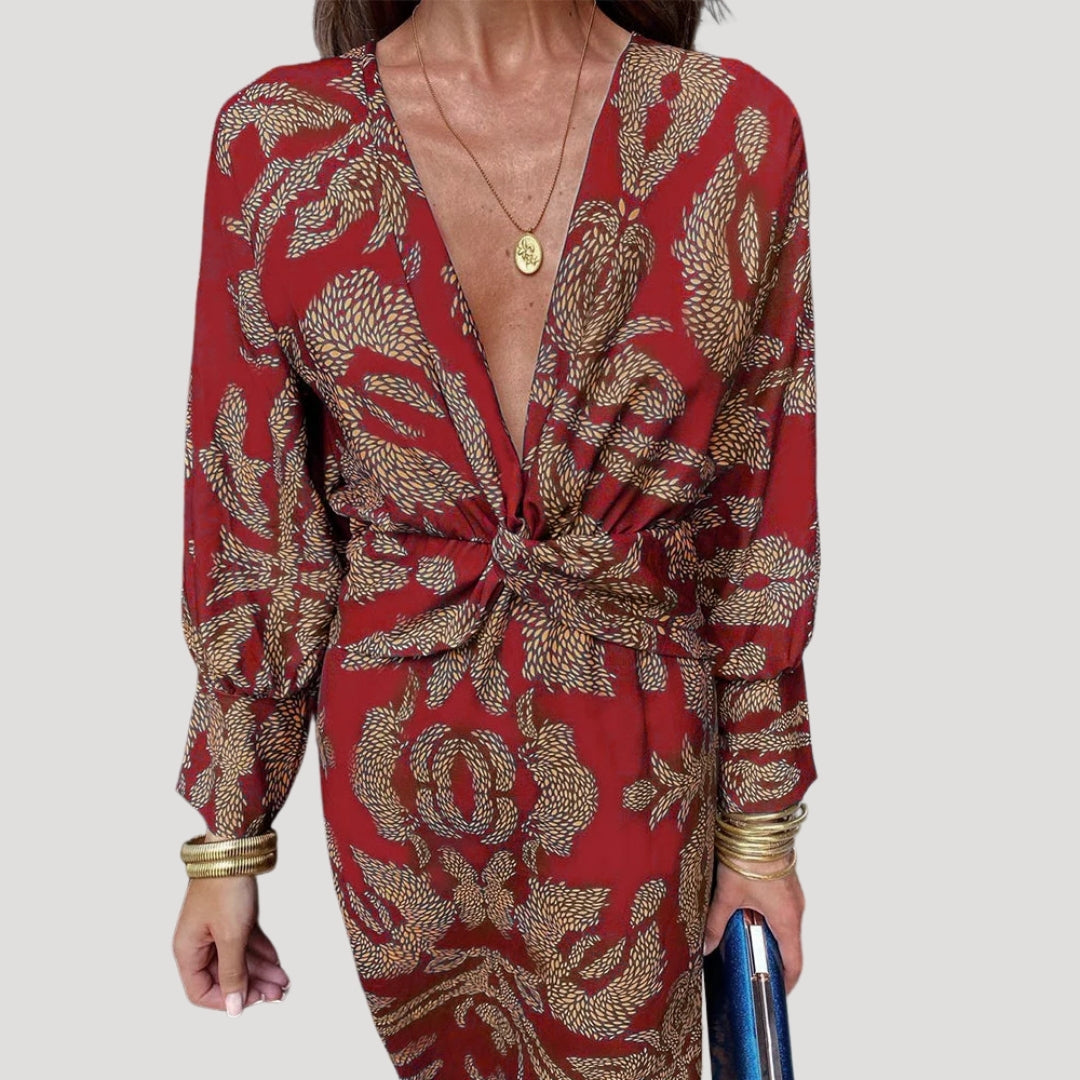 Women’s printed v neck midi wedding guest dress