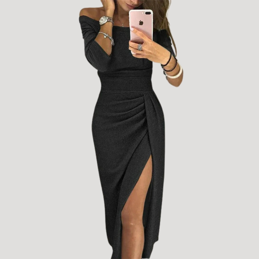 Women’s off shoulder midi wedding guest dress with slit