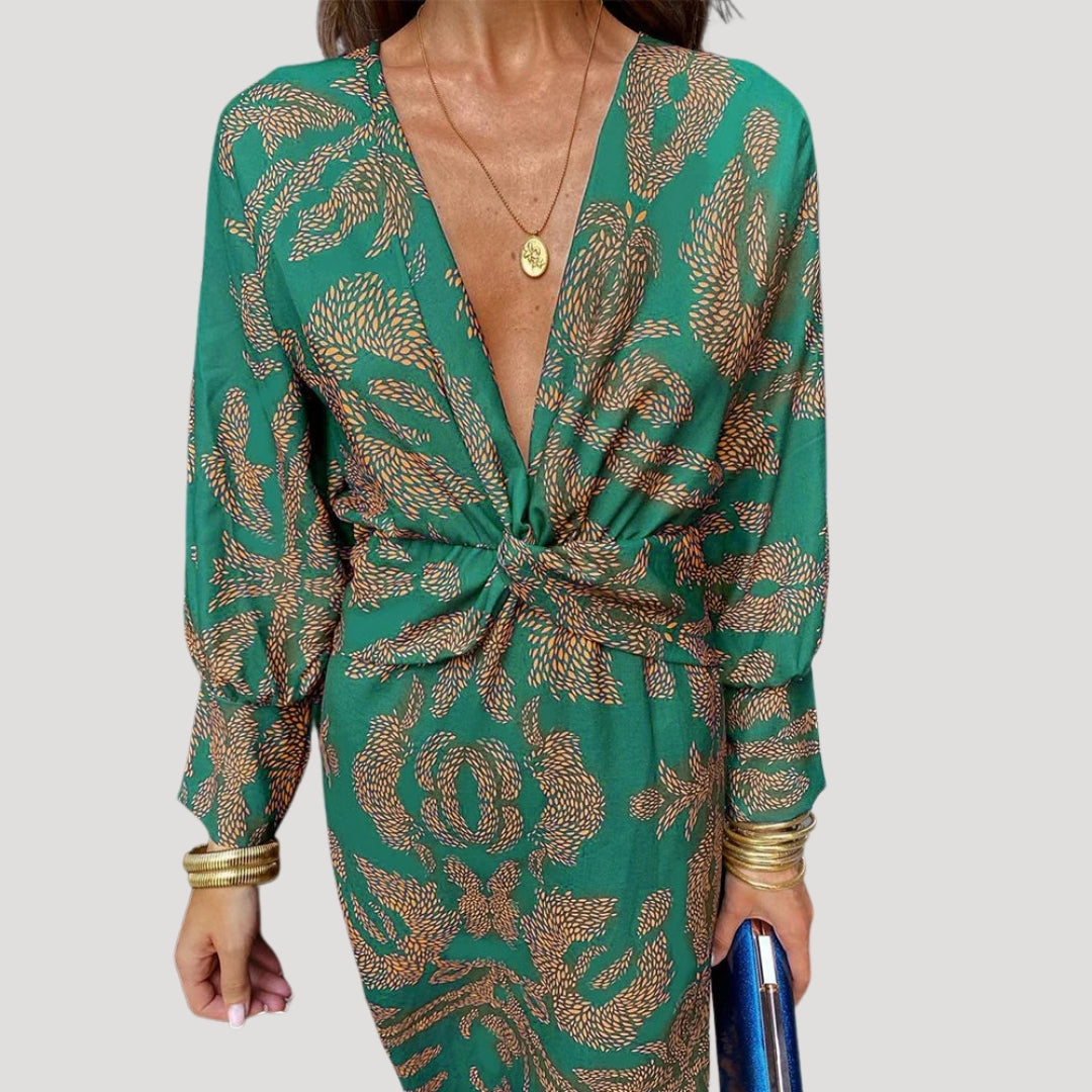 Women’s printed v neck midi wedding guest dress