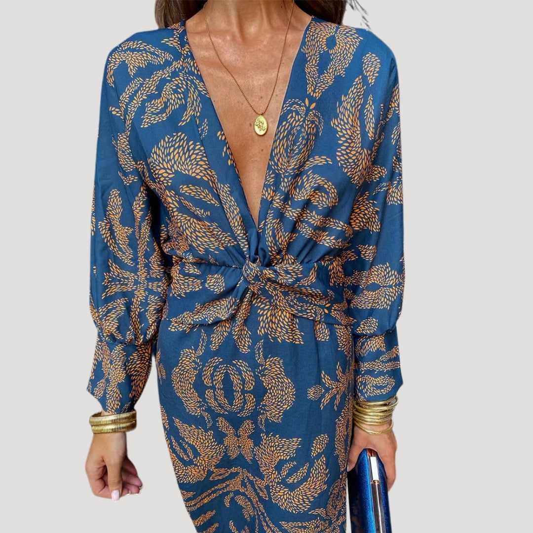 Women’s printed v neck midi wedding guest dress