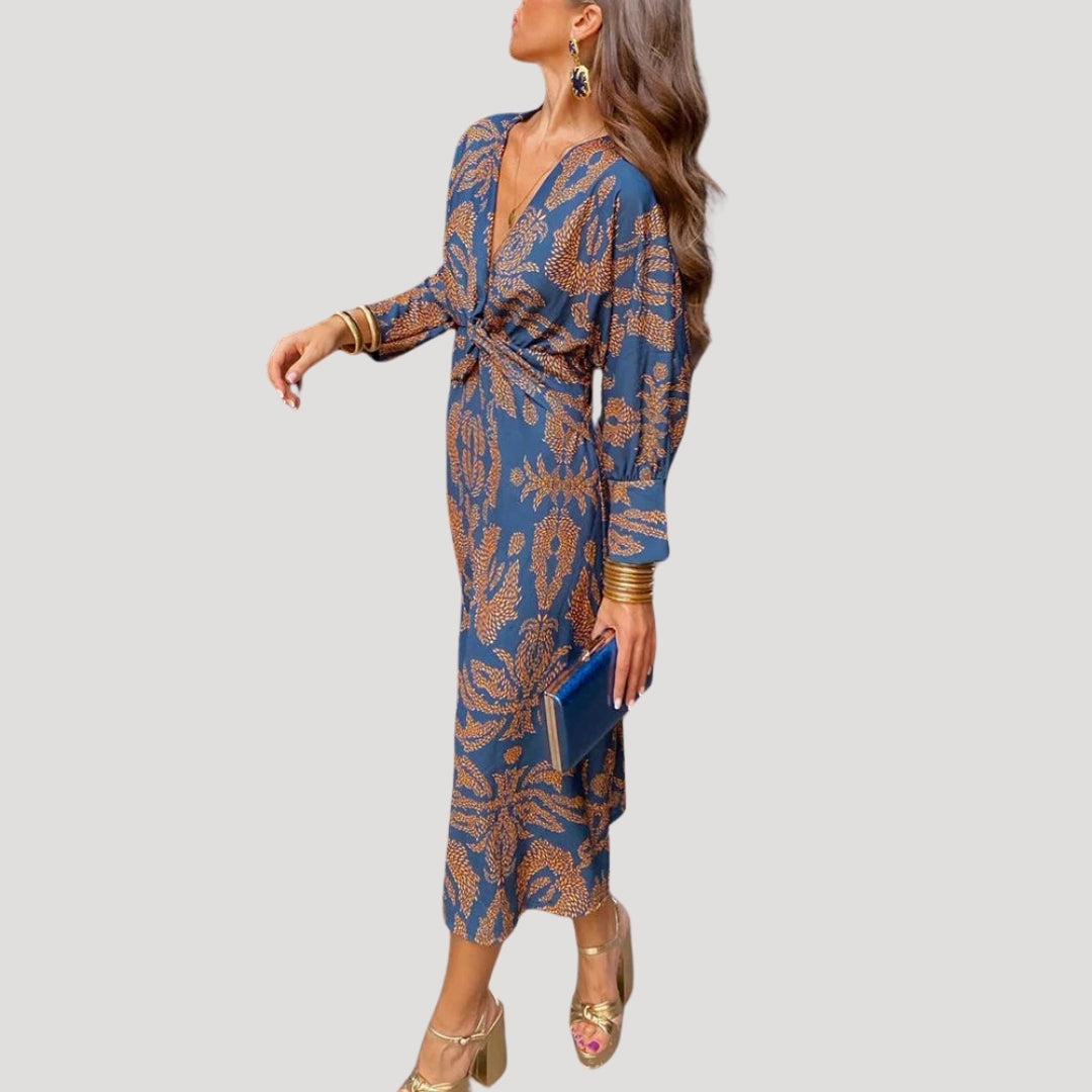 Women’s printed v neck midi wedding guest dress