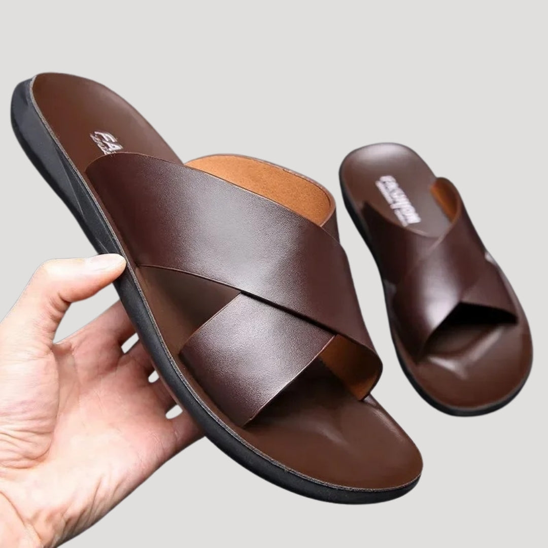 Men's leather slide sandals – slip on open toe – NOIR PEARL