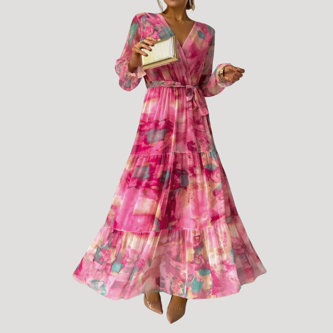 Women's spring wedding guest dress floral wrap maxi style – NOIR & PEARL