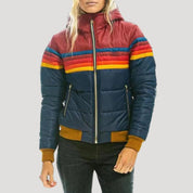 Women’s winter retro puffer jacket – hooded color block coat