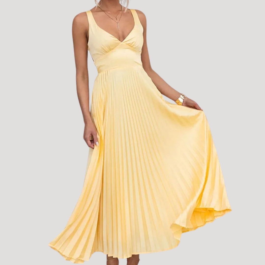 Women’s yellow pleated wedding guest summer dress
