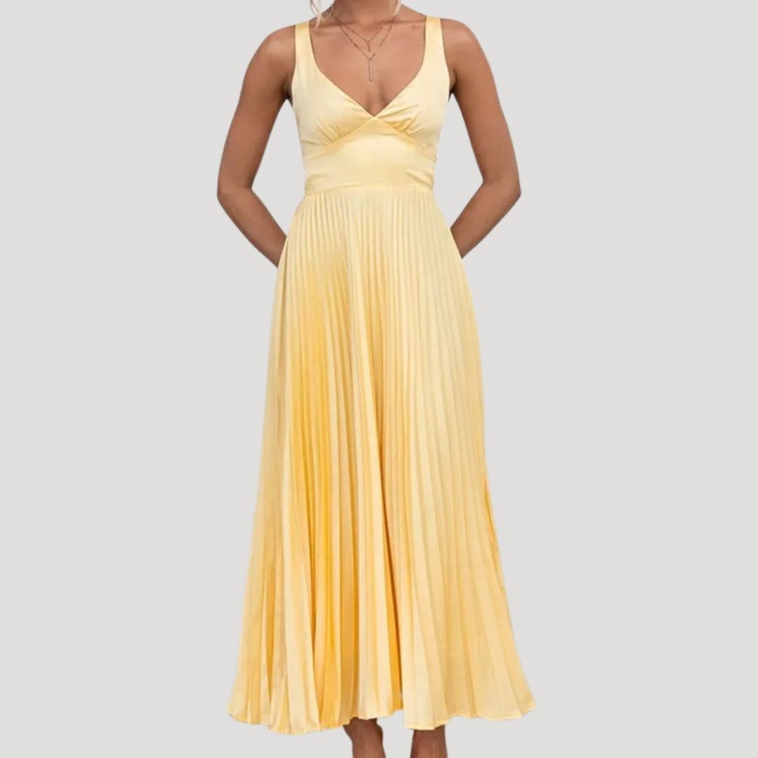 Women’s yellow pleated wedding guest summer dress