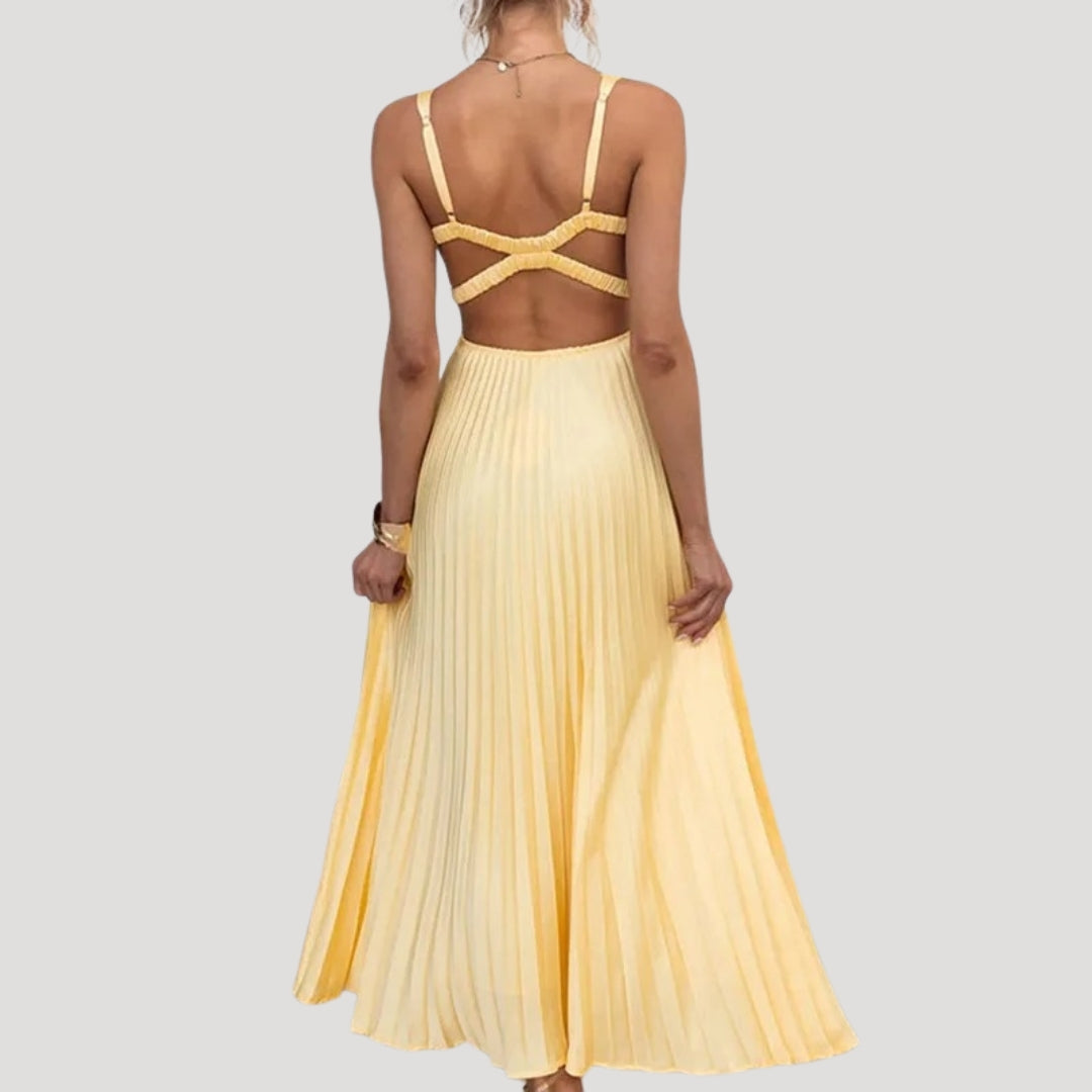 Women’s yellow pleated wedding guest summer dress