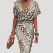 Women’s green satin midi cocktail occasion print dress