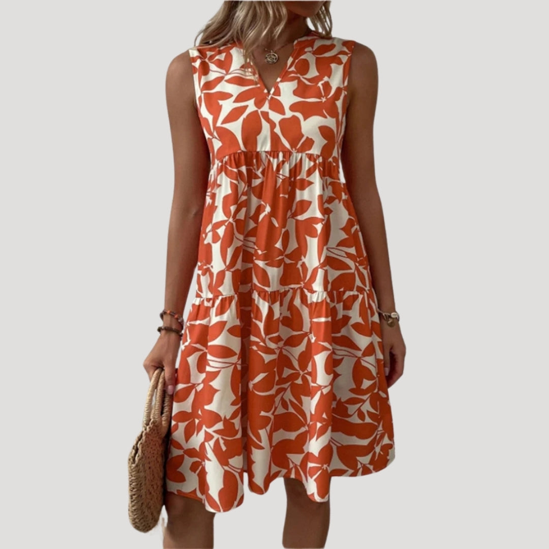 Women’s sleeveless tiered midi dress with leaf print