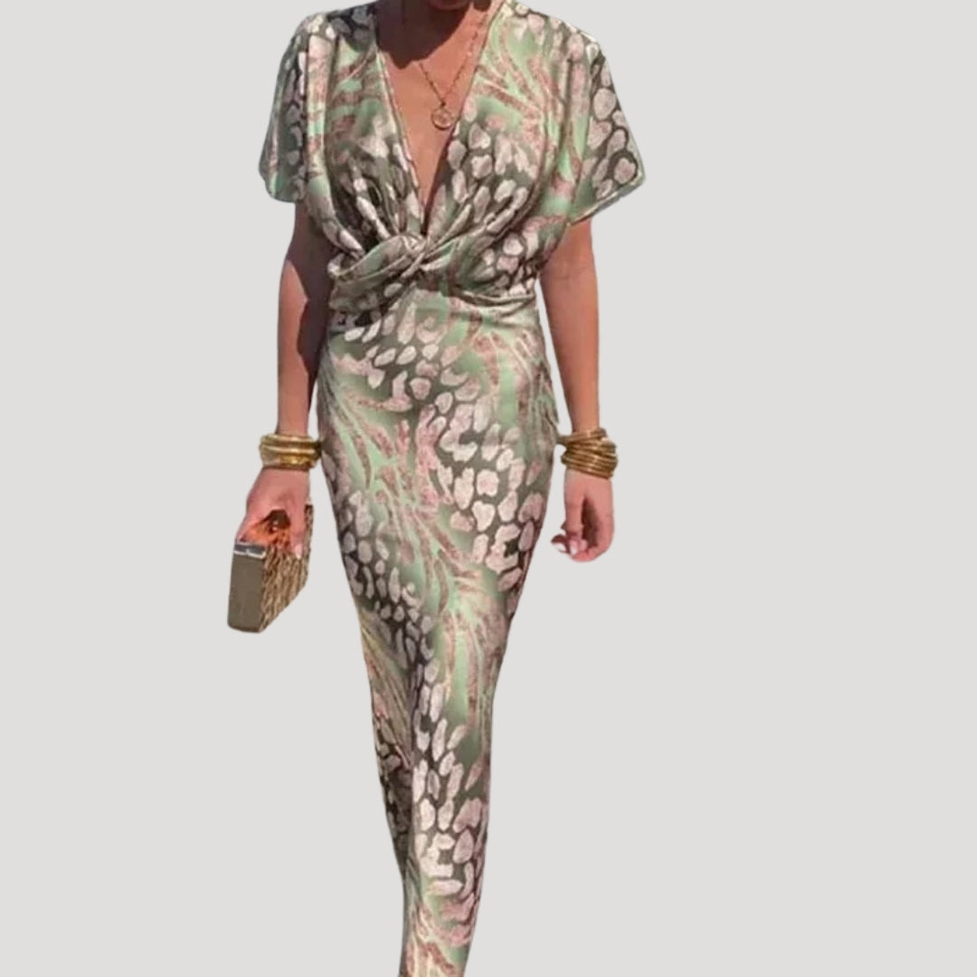 Women’s green satin midi cocktail occasion print dress