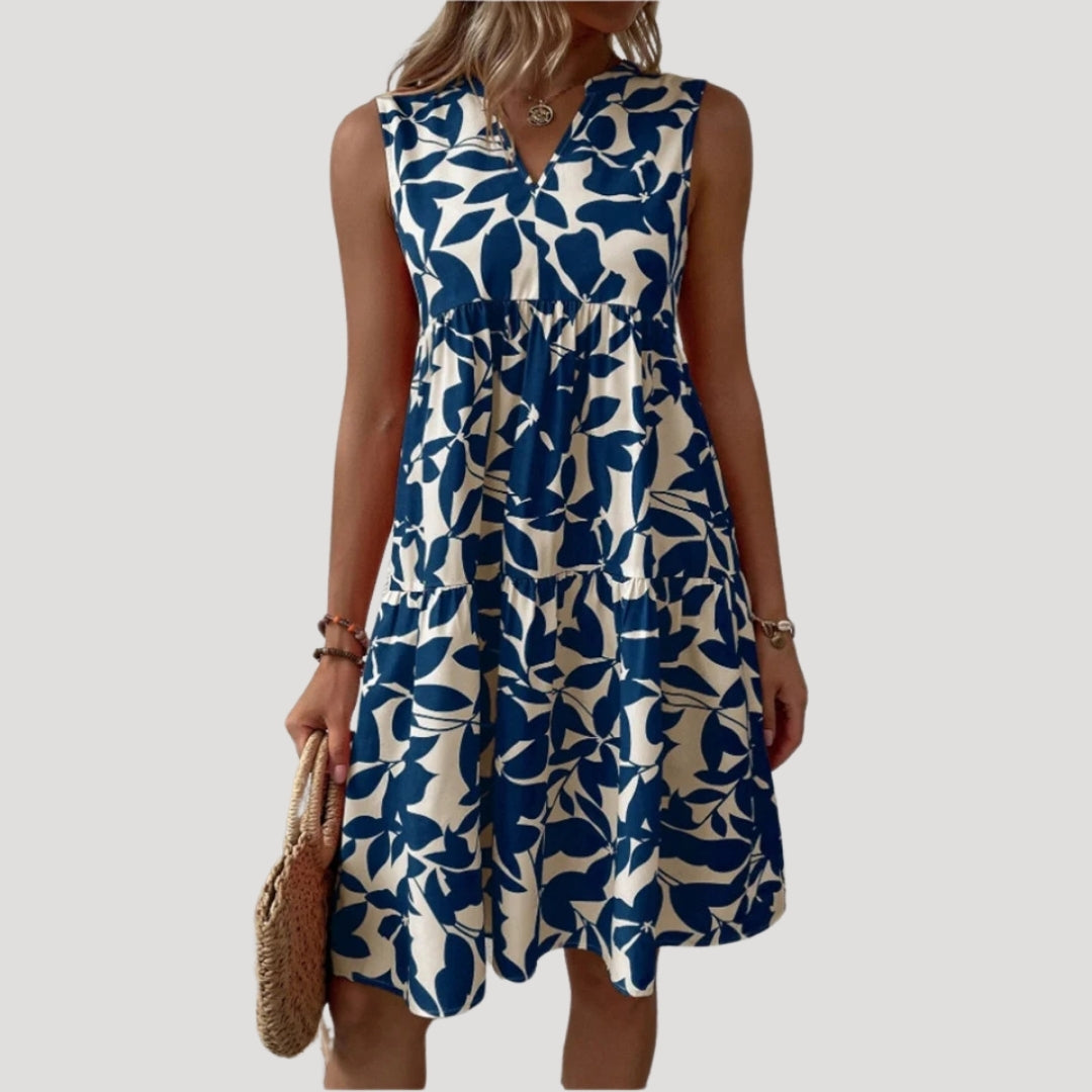 Women’s sleeveless tiered midi dress with leaf print