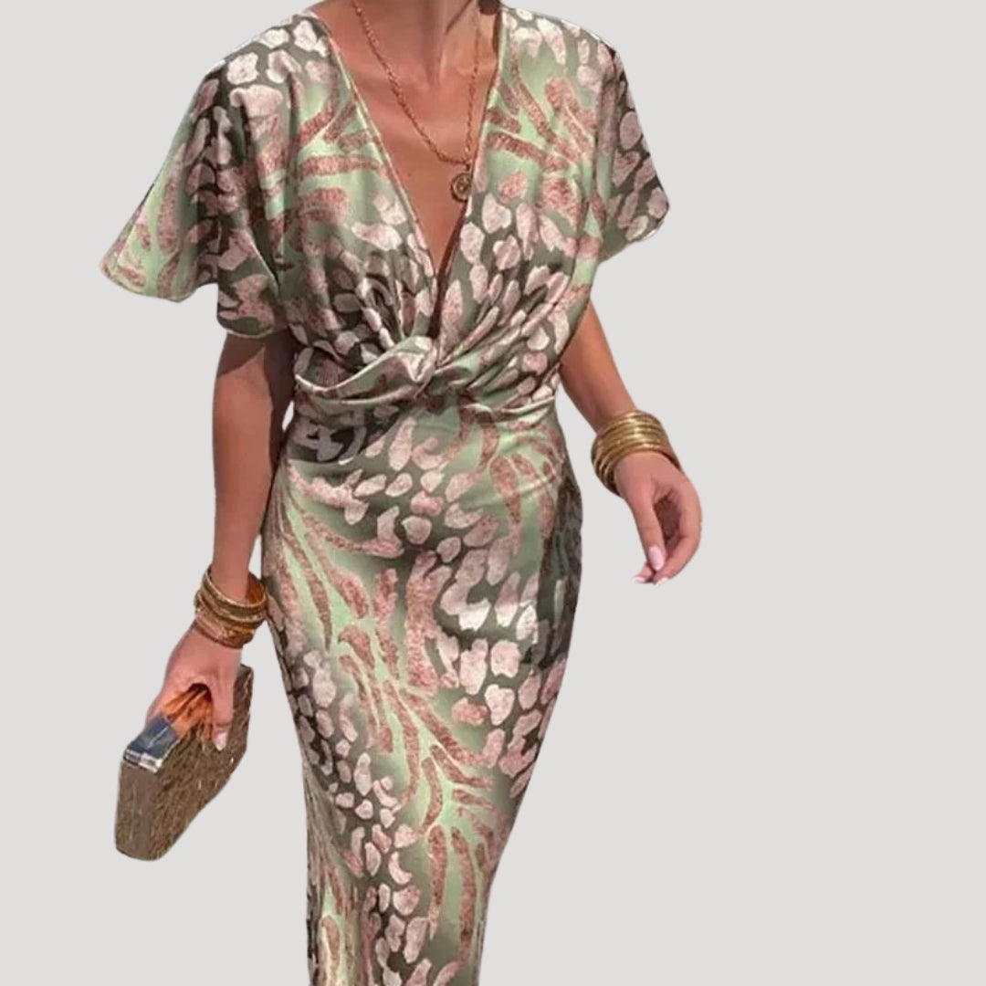 Women’s green satin midi cocktail occasion print dress