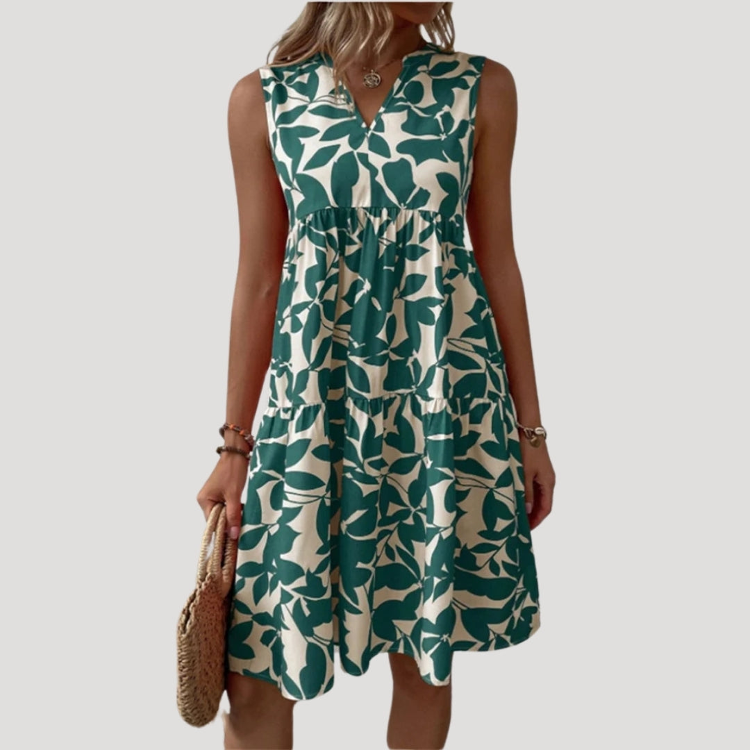 Women’s sleeveless tiered midi dress with leaf print