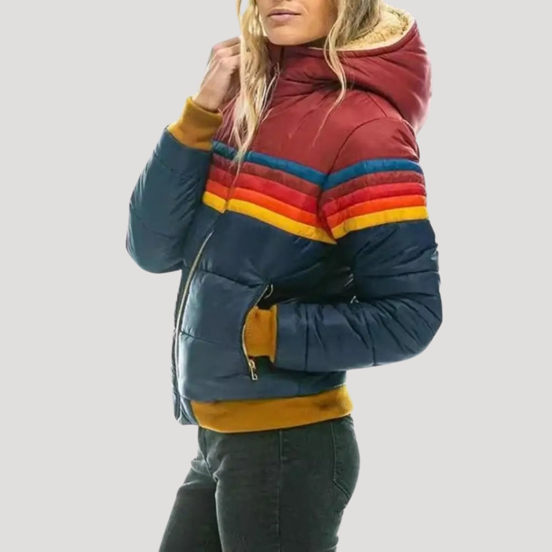 Women’s winter retro puffer jacket – hooded color block coat