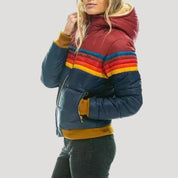 Women’s winter retro puffer jacket – hooded color block coat