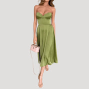 Women’s strapless satin midi wedding guest dress