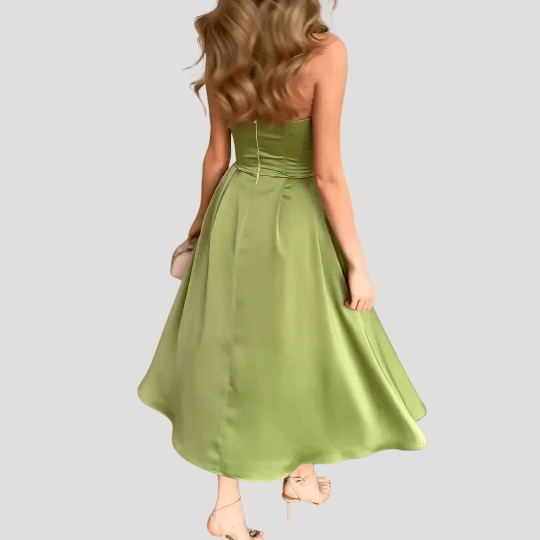 Women’s strapless satin midi wedding guest dress