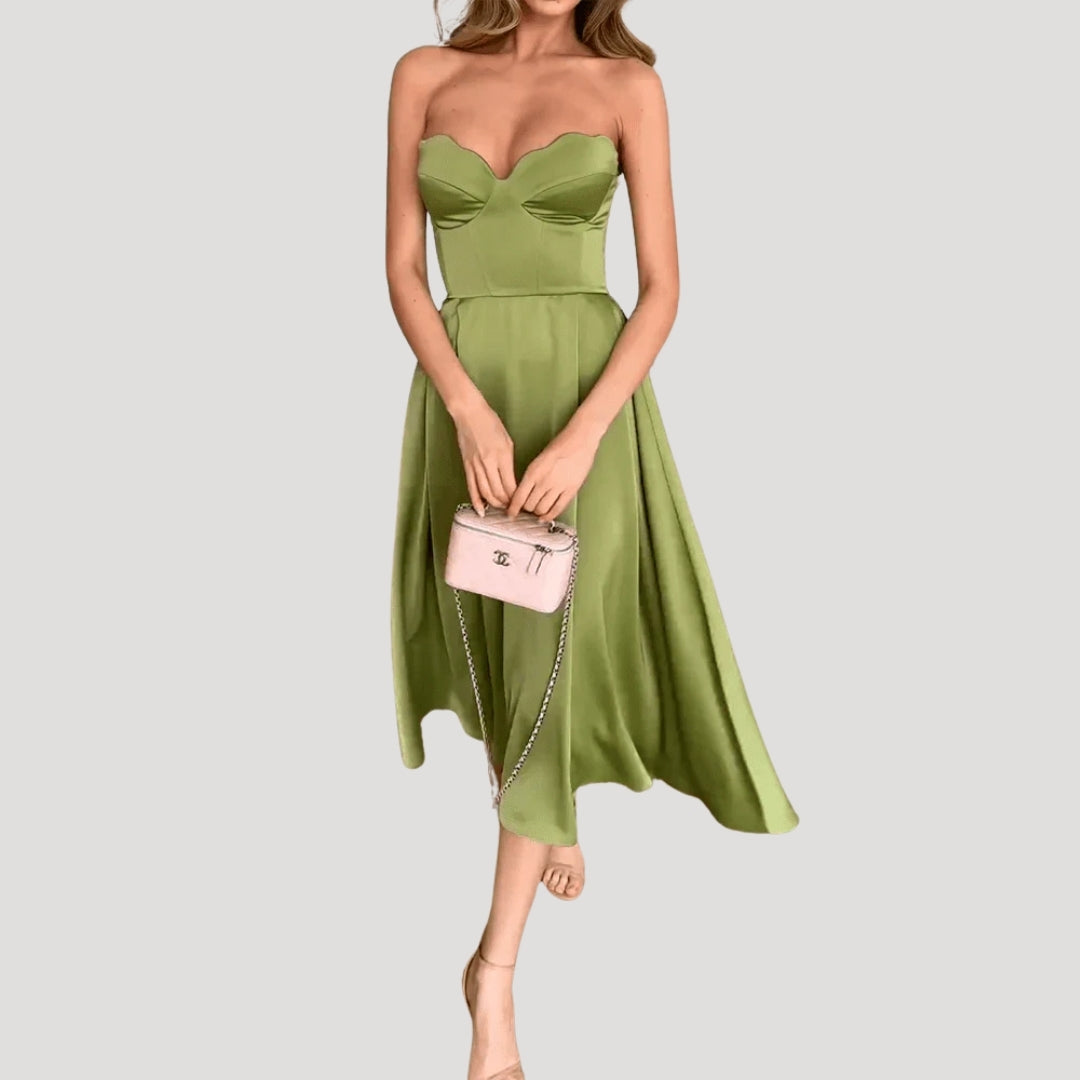 Women’s strapless satin midi wedding guest dress