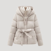 Women’s winter puffer jacket with hood and belt