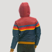 Women’s winter retro puffer jacket – hooded color block coat