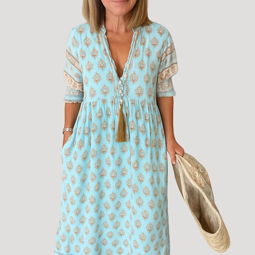 Women's summer midi dress – boho beach style with pockets