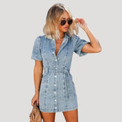 Women's denim summer mini dress short sleeve belted button up