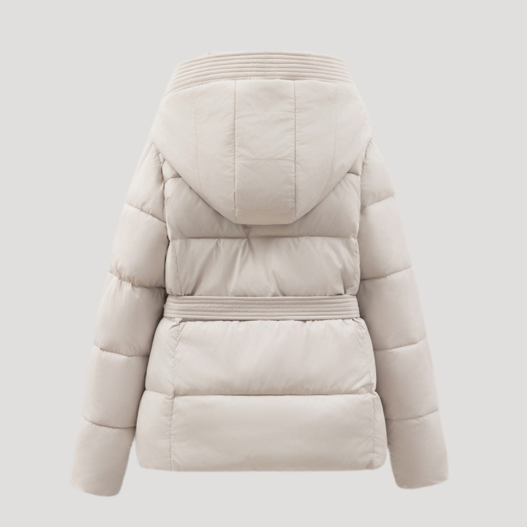 Women’s winter puffer jacket with hood and belt