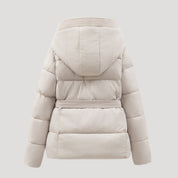 Women’s winter puffer jacket with hood and belt