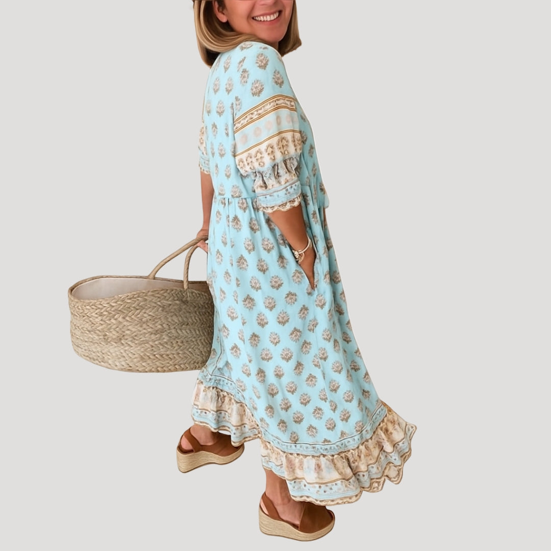 Women's summer midi dress – boho beach style with pockets