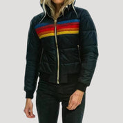 Women’s winter retro puffer jacket – hooded color block coat