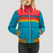 Women’s winter retro puffer jacket – hooded color block coat