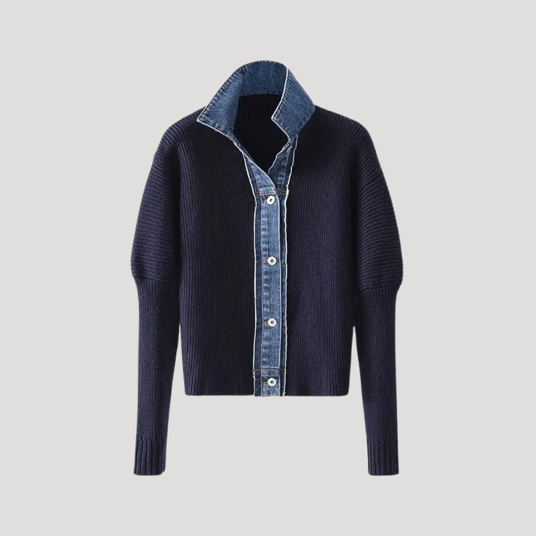Women’s navy knit cardigan with denim trim