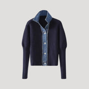 Women’s navy knit cardigan with denim trim