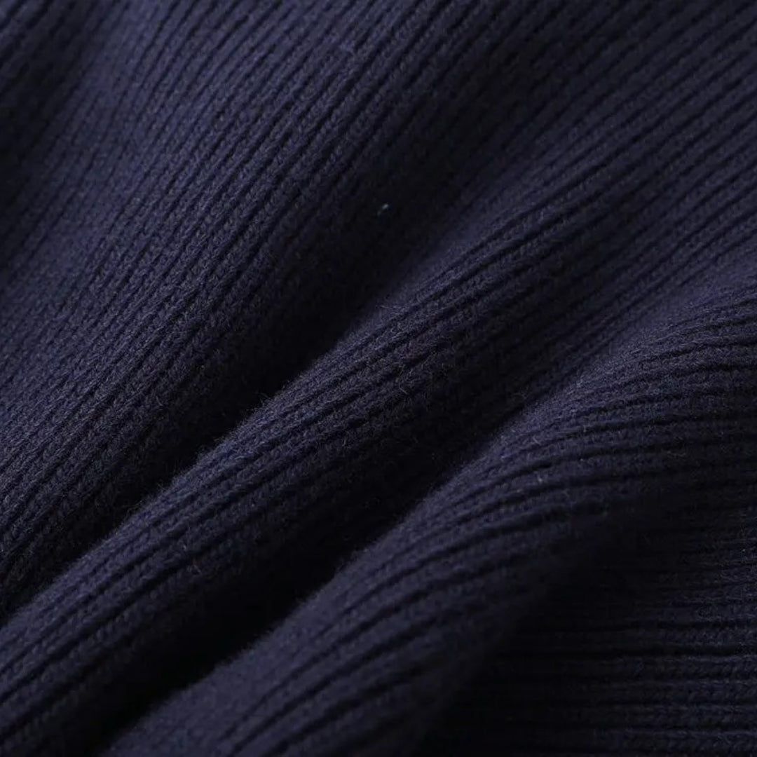 Women’s navy knit cardigan with denim trim