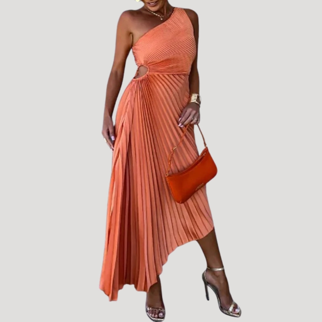 Women’s pleated one shoulder wedding guest midi dress