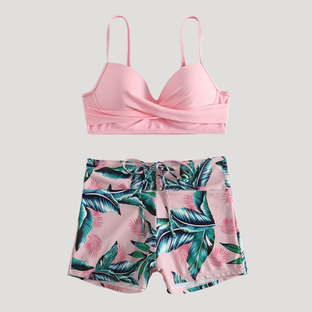 Tropical print swim shorts set with twist top