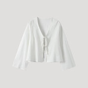 Lightweight tie-front bell sleeve blouse