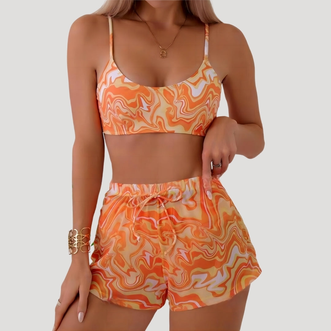 Swirl print three-piece swim set with shorts