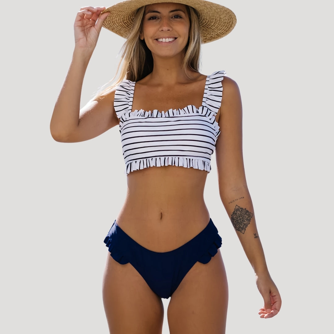 Striped ruffle bikini set