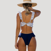 Striped ruffle bikini set