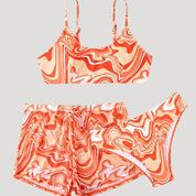 Swirl print three-piece swim set with shorts