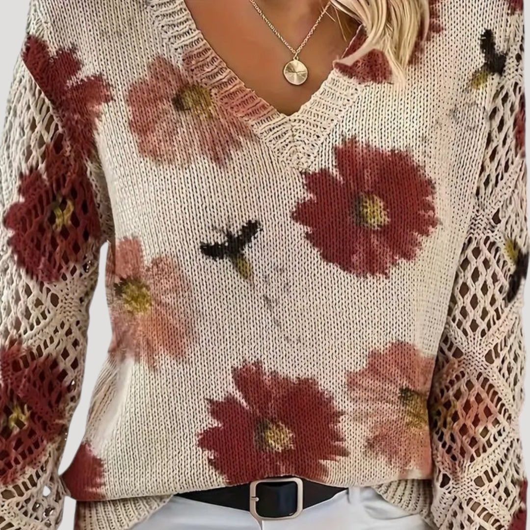 Women v neck floral knit spring jumper